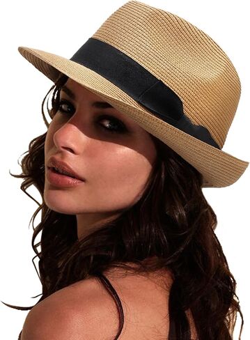 DRESHOW Women Straw Sun Hat Short Brim Panama Travel Fedora Beach Cap Roll up Summer Hat for Women Men UPF 50+ in Saudi Arabia