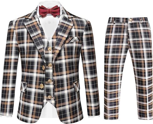 Mogu Boys Plaid Suits 3 قطعة ضئيلة نائمة التوكسيدو بدلة ملابس رسمية مجموعة السترة سترة السترة سروال الأطفال in Saudi Arabia