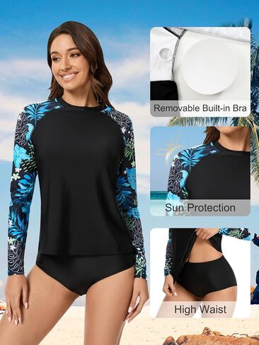 Women's Long Sleeves Rash Guard Swimsuits Swim Shirts UPF 50 Sun Protection Two Piece Swimsuits with Built in Bra in Saudi Arabia