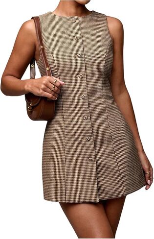 SOLY HUX Women's Plaid Button Down Dress Crew Neck Sleeveless Tie Back Work Office Mini Dresses in Kuwait