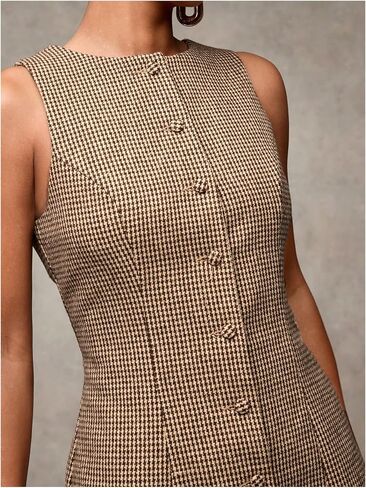 SOLY HUX Women's Plaid Button Down Dress Crew Neck Sleeveless Tie Back Work Office Mini Dresses in Kuwait