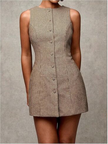 SOLY HUX Women's Plaid Button Down Dress Crew Neck Sleeveless Tie Back Work Office Mini Dresses in Kuwait