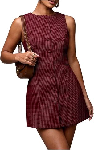 SOLY HUX Women's Plaid Button Down Dress Crew Neck Sleeveless Tie Back Work Office Mini Dresses in Kuwait