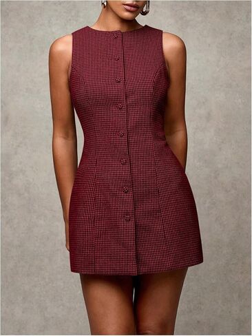 SOLY HUX Women's Plaid Button Down Dress Crew Neck Sleeveless Tie Back Work Office Mini Dresses in Kuwait