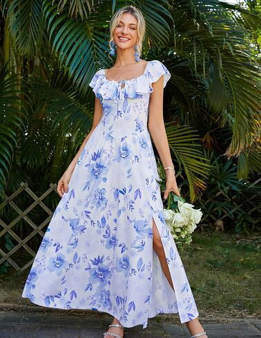 GRACE KARIN 2025 Womens Maxi Dresses Summer Off Shoulder Floral Dress Ruffle Split Beach Flowy Boho Wedding Guest Dress in Kuwait