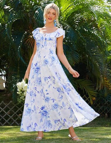 GRACE KARIN 2025 Womens Maxi Dresses Summer Off Shoulder Floral Dress Ruffle Split Beach Flowy Boho Wedding Guest Dress in Kuwait