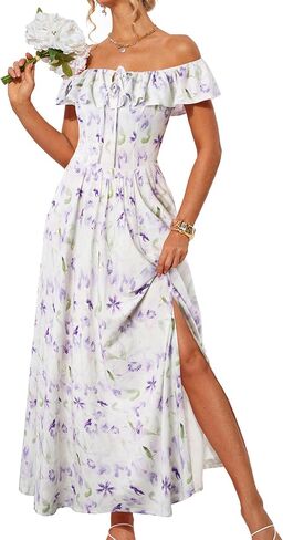 GRACE KARIN 2025 Womens Maxi Dresses Summer Off Shoulder Floral Dress Ruffle Split Beach Flowy Boho Wedding Guest Dress in Saudi Arabia