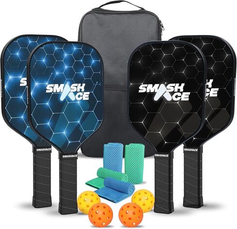 USAPA Approved SmashAce Pickleball Paddles Set of 4 - Fiberglass Surface Pickle Ball Set Including 4 Paddles, 4 Balls, 4 Cooling Towels & Portable Carry Bag - Perfect Pickleball Gift for Men & Women in Saudi Arabia