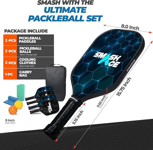 USAPA Approved SmashAce Pickleball Paddles Set of 4 - Fiberglass Surface Pickle Ball Set Including 4 Paddles, 4 Balls, 4 Cooling Towels & Portable Carry Bag - Perfect Pickleball Gift for Men & Women in Saudi Arabia
