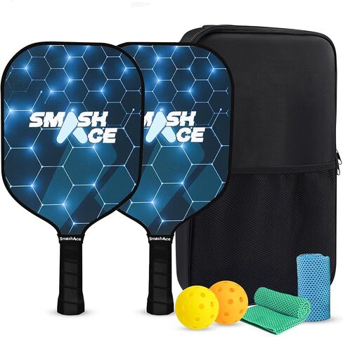 USAPA Approved SmashAce Pickleball Paddles Set of 4 - Fiberglass Surface Pickle Ball Set Including 4 Paddles, 4 Balls, 4 Cooling Towels & Portable Carry Bag - Perfect Pickleball Gift for Men & Women in Saudi Arabia