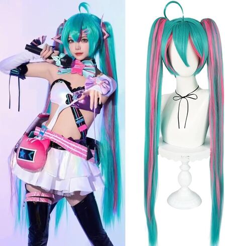 38inch Green and Pink Ponytail Wig Cosplay with Bangs Long Straight Synthetic Cosplay Wigs for Women Lolita Adult Wigs for Anime Halloween Costume Party Outfit for Christmas + Wig Cap in Saudi Arabia