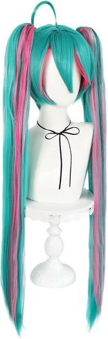 38inch Green and Pink Ponytail Wig Cosplay with Bangs Long Straight Synthetic Cosplay Wigs for Women Lolita Adult Wigs for Anime Halloween Costume Party Outfit for Christmas + Wig Cap in Saudi Arabia
