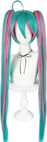 38inch Green and Pink Ponytail Wig Cosplay with Bangs Long Straight Synthetic Cosplay Wigs for Women Lolita Adult Wigs for Anime Halloween Costume Party Outfit for Christmas + Wig Cap in Saudi Arabia