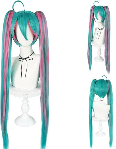 38inch Green and Pink Ponytail Wig Cosplay with Bangs Long Straight Synthetic Cosplay Wigs for Women Lolita Adult Wigs for Anime Halloween Costume Party Outfit for Christmas + Wig Cap in Saudi Arabia