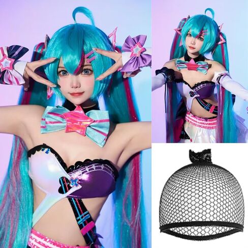 38inch Green and Pink Ponytail Wig Cosplay with Bangs Long Straight Synthetic Cosplay Wigs for Women Lolita Adult Wigs for Anime Halloween Costume Party Outfit for Christmas + Wig Cap in Saudi Arabia