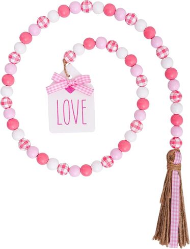 Valentine's Wood Bead Garland with Tassel Tags 41.3 Inch Pink White Rustic Wooden Beads Farmhouse Decor Wall Hanging Ornament Tiered Tray Fireplace Valentines Decorations (Pink Plaid) in Saudi Arabia