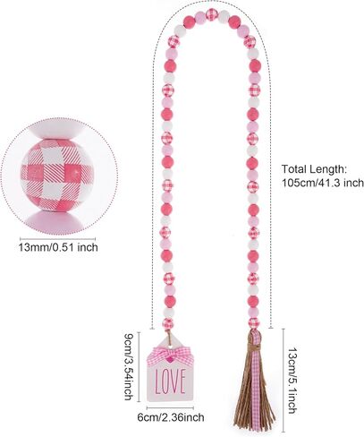 Valentine's Wood Bead Garland with Tassel Tags 41.3 Inch Pink White Rustic Wooden Beads Farmhouse Decor Wall Hanging Ornament Tiered Tray Fireplace Valentines Decorations (Pink Plaid) in Saudi Arabia