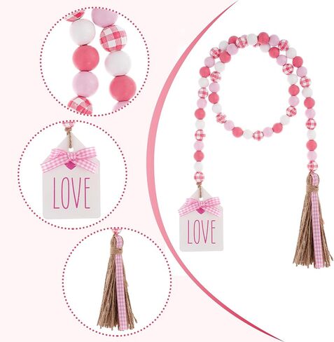 Valentine's Wood Bead Garland with Tassel Tags 41.3 Inch Pink White Rustic Wooden Beads Farmhouse Decor Wall Hanging Ornament Tiered Tray Fireplace Valentines Decorations (Pink Plaid) in Saudi Arabia