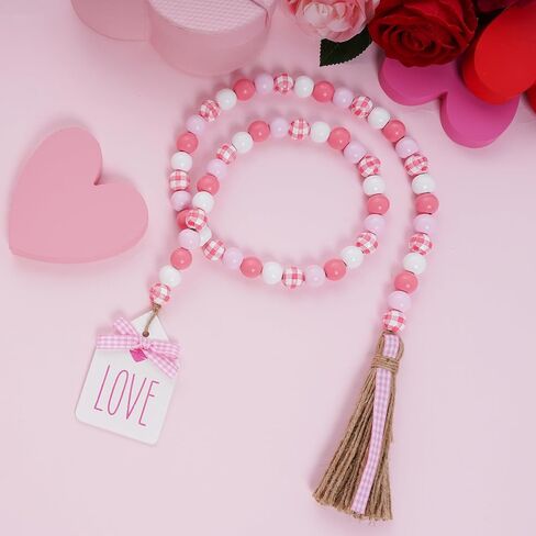 Valentine's Wood Bead Garland with Tassel Tags 41.3 Inch Pink White Rustic Wooden Beads Farmhouse Decor Wall Hanging Ornament Tiered Tray Fireplace Valentines Decorations (Pink Plaid) in Saudi Arabia