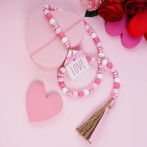 Valentine's Wood Bead Garland with Tassel Tags 41.3 Inch Pink White Rustic Wooden Beads Farmhouse Decor Wall Hanging Ornament Tiered Tray Fireplace Valentines Decorations (Pink Plaid) in Saudi Arabia