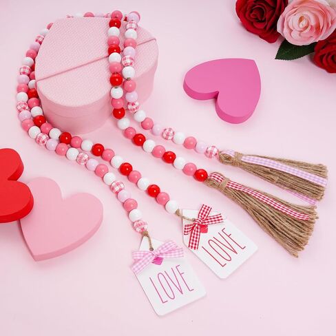 Valentine's Wood Bead Garland with Tassel Tags 41.3 Inch Pink White Rustic Wooden Beads Farmhouse Decor Wall Hanging Ornament Tiered Tray Fireplace Valentines Decorations (Pink Plaid) in Saudi Arabia