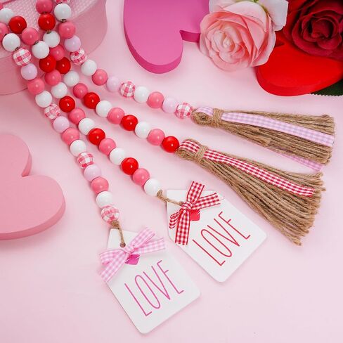 Valentine's Wood Bead Garland with Tassel Tags 41.3 Inch Pink White Rustic Wooden Beads Farmhouse Decor Wall Hanging Ornament Tiered Tray Fireplace Valentines Decorations (Pink Plaid) in Saudi Arabia