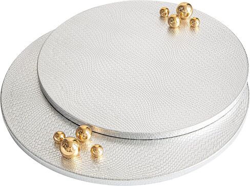 Woven Leather Ottoman Tray for Living Room with Gold Bead, 2 Piece Decorative Round Serving Trays for Ottoman, Waterprooof Leather Coffee Table Tray for Home Decor (Sliver) in Saudi Arabia