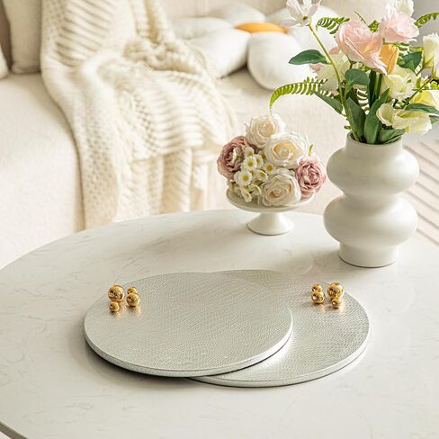 Woven Leather Ottoman Tray for Living Room with Gold Bead, 2 Piece Decorative Round Serving Trays for Ottoman, Waterprooof Leather Coffee Table Tray for Home Decor (Sliver) in Saudi Arabia
