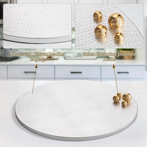 Woven Leather Ottoman Tray for Living Room with Gold Bead, 2 Piece Decorative Round Serving Trays for Ottoman, Waterprooof Leather Coffee Table Tray for Home Decor (Sliver) in Saudi Arabia