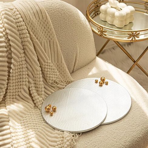 Woven Leather Ottoman Tray for Living Room with Gold Bead, 2 Piece Decorative Round Serving Trays for Ottoman, Waterprooof Leather Coffee Table Tray for Home Decor (Sliver) in Saudi Arabia