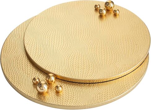 Woven Leather Ottoman Tray for Living Room with Gold Bead, 2 Piece Decorative Round Serving Trays for Ottoman, Waterprooof Leather Coffee Table Tray for Home Decor (Sliver) in Kuwait