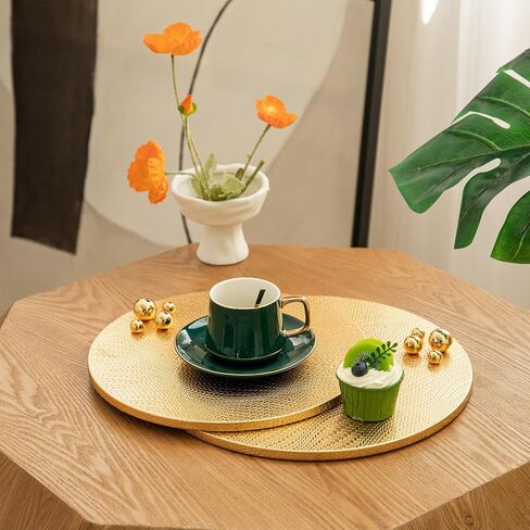 Woven Leather Ottoman Tray for Living Room with Gold Bead, 2 Piece Decorative Round Serving Trays for Ottoman, Waterprooof Leather Coffee Table Tray for Home Decor (Sliver) in Kuwait