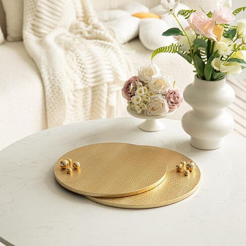 Woven Leather Ottoman Tray for Living Room with Gold Bead, 2 Piece Decorative Round Serving Trays for Ottoman, Waterprooof Leather Coffee Table Tray for Home Decor (Sliver) in Kuwait