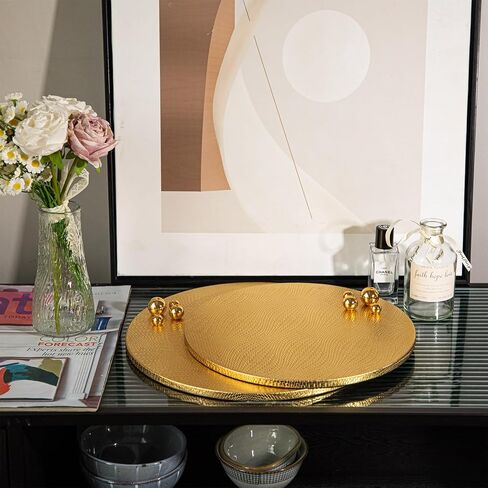 Woven Leather Ottoman Tray for Living Room with Gold Bead, 2 Piece Decorative Round Serving Trays for Ottoman, Waterprooof Leather Coffee Table Tray for Home Decor (Sliver) in Kuwait