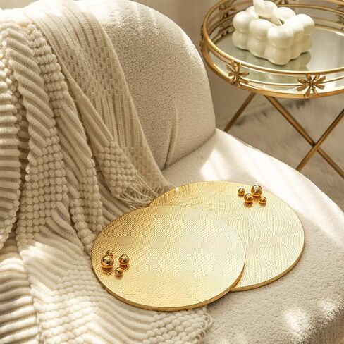 Woven Leather Ottoman Tray for Living Room with Gold Bead, 2 Piece Decorative Round Serving Trays for Ottoman, Waterprooof Leather Coffee Table Tray for Home Decor (Sliver) in Kuwait