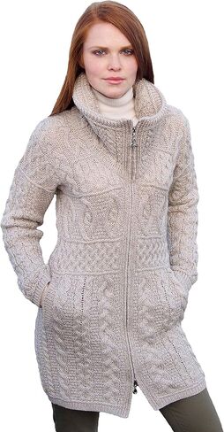 Aran Crafts Women's Irish Cable Knitted Double Collar Coat (100% Merino Wool) in Saudi Arabia