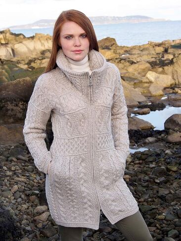Aran Crafts Women's Irish Cable Knitted Double Collar Coat (100% Merino Wool) in Saudi Arabia