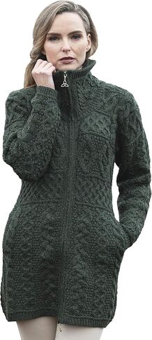 Aran Crafts Women's Irish Cable Knitted Double Collar Coat (100% Merino Wool) in Saudi Arabia