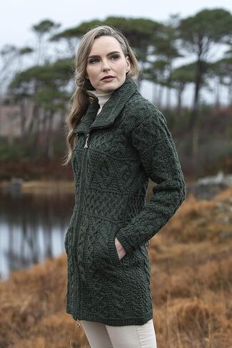 Aran Crafts Women's Irish Cable Knitted Double Collar Coat (100% Merino Wool) in Saudi Arabia