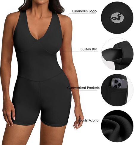 Fisoew Womens One Piece Workout Jumpsuits V Neck Sleeveless Tummy Control Cross Back Gym Yoga Romper with Pockets&Bra in Saudi Arabia