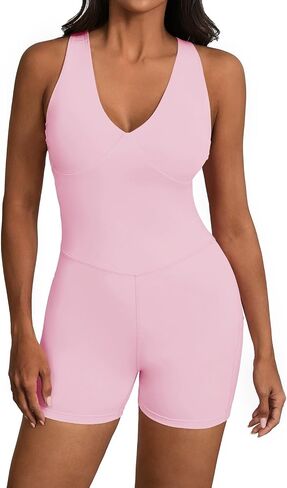 Fisoew Womens One Piece Workout Jumpsuits V Neck Sleeveless Tummy Control Cross Back Gym Yoga Romper with Pockets&Bra in Saudi Arabia