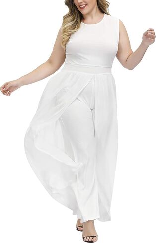 Pink Queen Women's Plus Size Sleeveless Tank Top Wide Leg Long Pants Chiffon Overlay Party Jumpsuit in Saudi Arabia