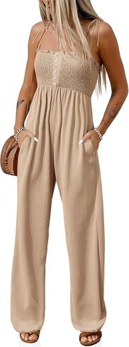 Cicy Bell Womens Summer Smocked Jumpsuits Loose Fit Adjustable Spaghetti Strap Jumpers Button Front Jogger Leg Overalls in Kuwait
