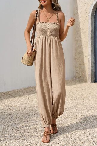 Cicy Bell Womens Summer Smocked Jumpsuits Loose Fit Adjustable Spaghetti Strap Jumpers Button Front Jogger Leg Overalls in Kuwait