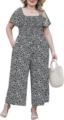 Nemidor Womens Plus Size Long Pant Plestuits Summer Print Sleeve Smocked Romper مع جيب 16-26 in Saudi Arabia