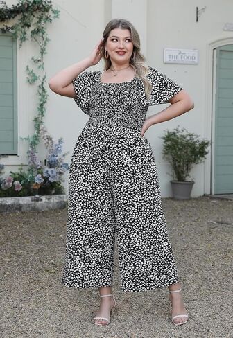 Nemidor Womens Plus Size Long Pant Plestuits Summer Print Sleeve Smocked Romper مع جيب 16-26 in Saudi Arabia