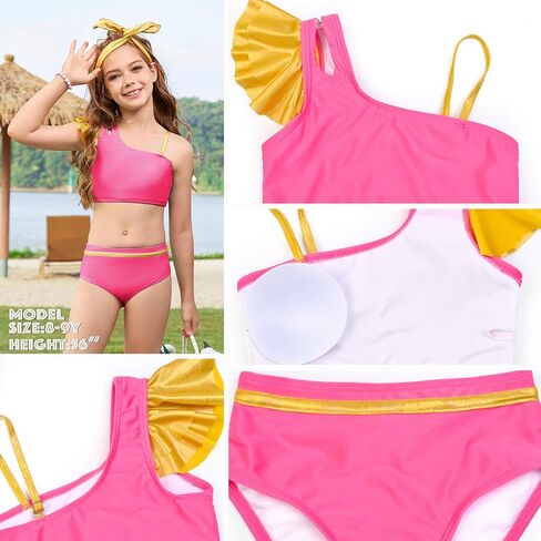 Girls Swimsuit Bikini Set Two Piece Bathing Suit Metallic Ruffled One Shoulder Swimwear with Hairband 4-13Y in Saudi Arabia