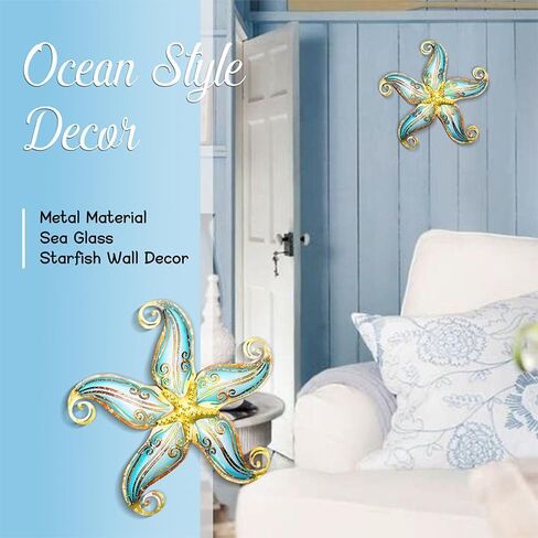 Metal Starfish Wall Decor, Sea Life Coastal Decorations 12 inch Starfish Wall Art, Nautical Home Decoration Handing Ocean Beach Wall Art for Garden,Fence,Home,Patio,Kitchen,Bathroom,(Blue) in Kuwait