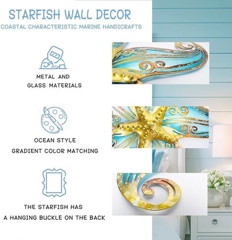 Metal Starfish Wall Decor, Sea Life Coastal Decorations 12 inch Starfish Wall Art, Nautical Home Decoration Handing Ocean Beach Wall Art for Garden,Fence,Home,Patio,Kitchen,Bathroom,(Blue) in Kuwait