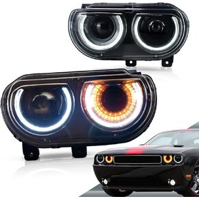 VLAND Projector Headlights Compatible with Dodge Challenger 2008-2014 w/Sequential Indicator Halo, D2S/ D2H Bulb (Not Included) for HI/LO Beam, Passenger& Driver Sides